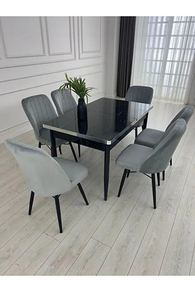 6 Kişilik Açılabilir Yemek Masası Takımı 6 Sandalyeli Siyah Mermer Desenli MDF Yemek Masası Takımı